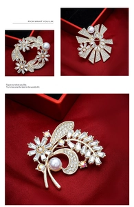 Detailed close-up of crystal and pearl brooches on a red velvet jewelry box setting