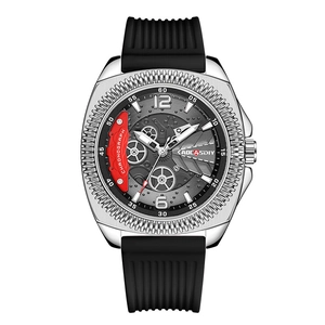 Herren Sportuhr in Silber mit rotem Chronograph-Detail und schwarzem Silikonarmband