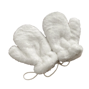 Simple white faux fur mittens with hanging cord, warm plush winter gloves for men and women