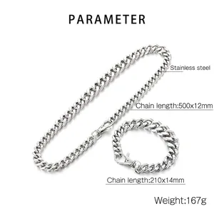 Detailed specs of stainless steel Cuban chain necklace and bracelet set with dimensions