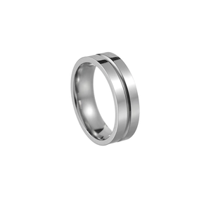 Minimalist 6mm wide stainless steel ring featuring a central groove and polished silver finish