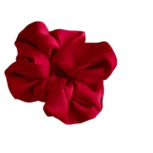 Large vintage red satin scrunchie with French style pleated fabric for women hairstyles