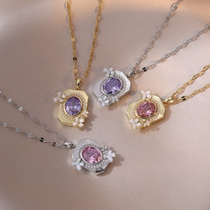 Flower Pendant Necklace Stainless Steel Oval Cubic Zirconia Artificial Pearl Enamel Vintage Aesthetic Jewelry For Women