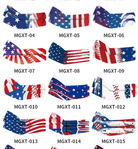 Grid view of multiple sun protection arm sleeves with US flag and sports print patterns