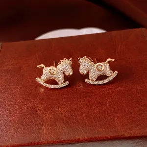 Rocking Horse Stud Earrings With 925 Sterling Silver Earring Post Copper White Zircon Inlay Cute Cartoon Fashion Women