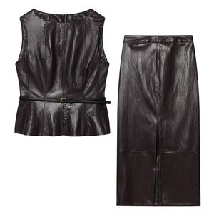Haut Peplum Femme En Simili Cuir Et Jupe Midi Taille Haute Sans Manches Col Rond Avec Ceinture Fente Arrière Streetwear