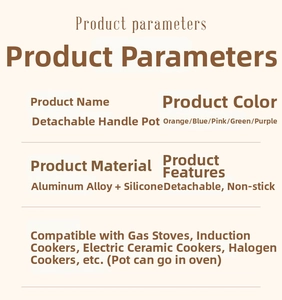 Specifications of non-stick cookware set with detachable handles and multi-stove compatibility