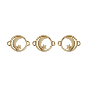 Detailed view of three golden alloy moon and star pendants with double connection rings