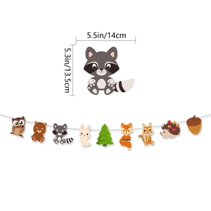 Forest animal party banner with raccoon, fox and owl cartoon cutouts for birthdays