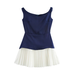Robe Courte Élégante Couleur Contrastée Sans Manches Larges Bretelles Ourlet Plissé Polyester Été Style Preppy