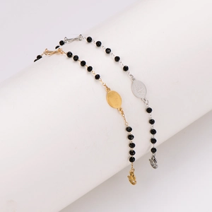 Bracelet rétro en acier inoxydable avec perles noires et pendentifs religieux