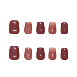 Short square burgundy press-on nails with glitter accents and glossy gradient finish