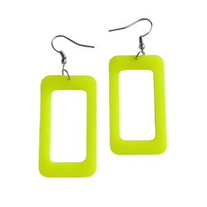 Detail shot of neon yellow acrylic rectangular open earrings with metal hooks on white background