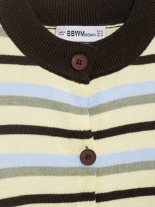 Detail of color-block striped knit sweater showing brown rib collar and button closure
