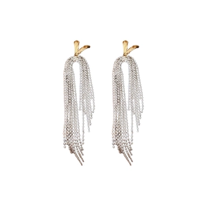 Elegant 18k gold-plated long tassel earrings with silver bead chains in two-tone finish