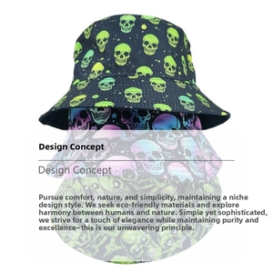 Vertical stack of canvas bucket hats featuring vibrant skull prints on a white background