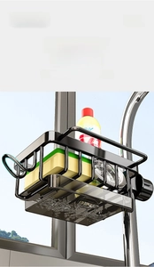 Detail of black metal faucet storage rack with integrated hidden hooks and drip tray