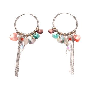 Silver geometric hoop earrings with colorful crystal hearts and long metal chain tassels
