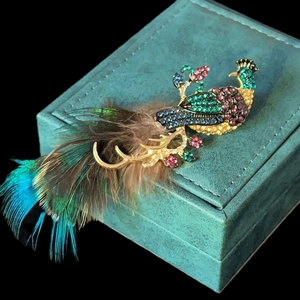 Detail shot of peacock brooch with colorful crystals and natural feathers on velvet box