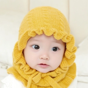 Ginger yellow knitted baby winter hood hat with ruffled edges and warm neck straps
