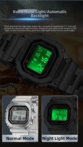 Detail view of square sports watch with luminous backlight and 50M water resistance