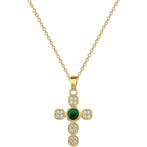 Titanium steel gold cross necklace with emerald green gemstone and white zircon accents