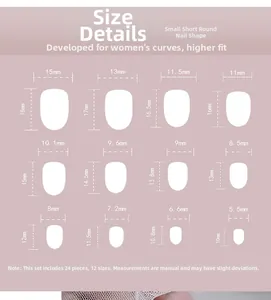 Size chart detail for short round press-on nails featuring 24 pieces in 12 various sizes