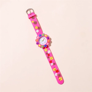 Close-up of pink silicone watch band with 3D colorful floral and sunflower ornaments