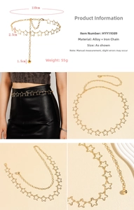 Detail of gold hollow star waist chain featuring adjustable links and polished finish