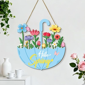 Spring welcome wooden umbrella wall hanging sign with Hello Spring flowers and rope