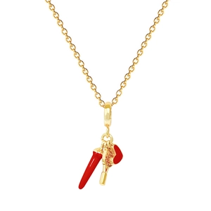 Gold necklace with red chili and heart tennis racket pendants on white background
