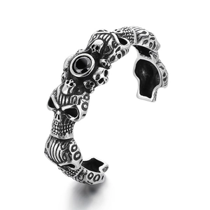 Gothic skull open cuff bracelet in stainless steel with black zircon gemstone inlay