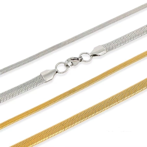 Sleek stainless steel flat snake bone chain necklaces in gold and silver finishes