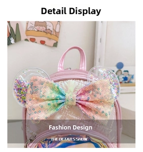 Detail of pink toddler backpack with sequins bow and glitter filled round ears