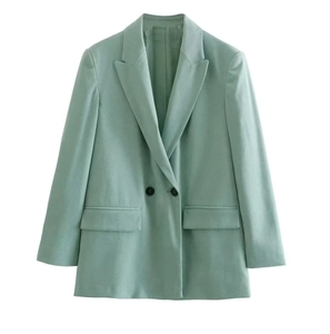 Chic mint green double-breasted women blazer with peak lapels and flap pockets