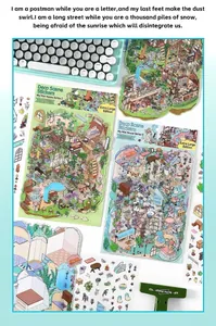 Macro detail of 2.5D architectural stickers with forest and undersea theme for scrapbooking