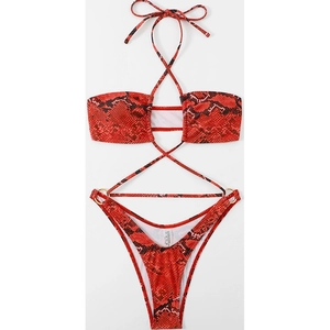 Women One-Piece Swimsuit Snakeskin Print Halter Neck Hollow Out Crisscross Strappy Beachwear Swimwear
