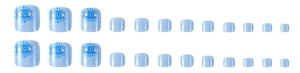 Flat lay of 24 light blue press-on toenails with evil eye patterns in various sizes
