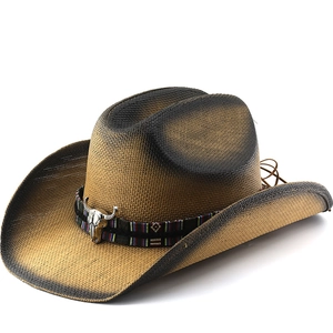 Western Cowboy Hat Woven Paper Straw Wide Brim Sun Hat With Metal Bull Skull Ethnic Band For Men Women Outdoor Travel