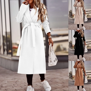Women Elegant V-Neck Long Sleeve Woolen Coat With Tie-Waist Fall Winter Solid Color Stitching Extra Longline Outerwear Top