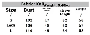 Detailed size chart for mohair knit sweater showing bust, shoulder, and sleeve measurements