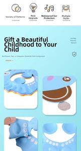Detail view of adjustable blue baby shower cap with waterproof ear protection and snaps