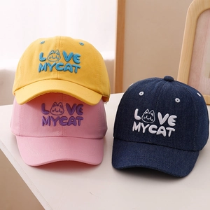 Kids Baseball Cap Cotton Denim Embroidery Cartoon Cat Sun Hat Toddler Boys Girls Outdoor Adjustable Casual