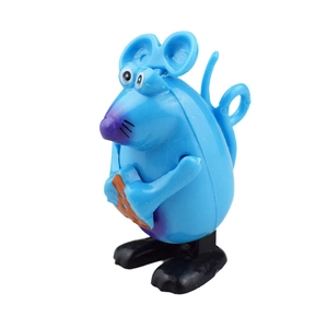 Blue wind-up clockwork mouse toy with cheese for cats and pets in cartoon style