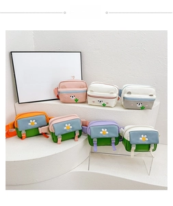 Detail display of multiple colorful floral and bear crossbody bags for children