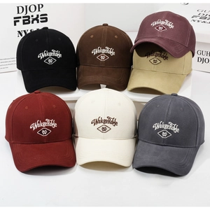 Detail of multi-color baseball caps with WakgeRofe embroidery and cotton twill texture