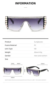 Diagramme technique montrant les dimensions des lunettes de soleil strass et du cadre en PC