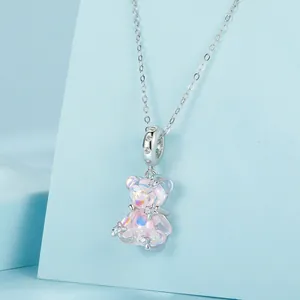 Polished s925 silver necklace with a dreamy iridescent teddy bear pendant and zircon stones