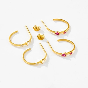 925 silver gold hoop earrings with red and white pear-cut cubic zirconia gemstones