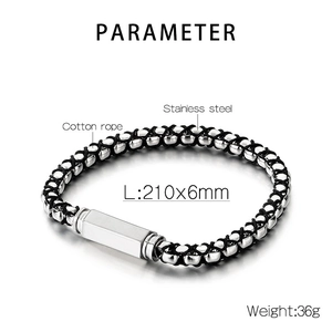 Technische Ansicht des Edelstahl-Baumwoll-Armbands mit genauen Größenangaben und Gewicht